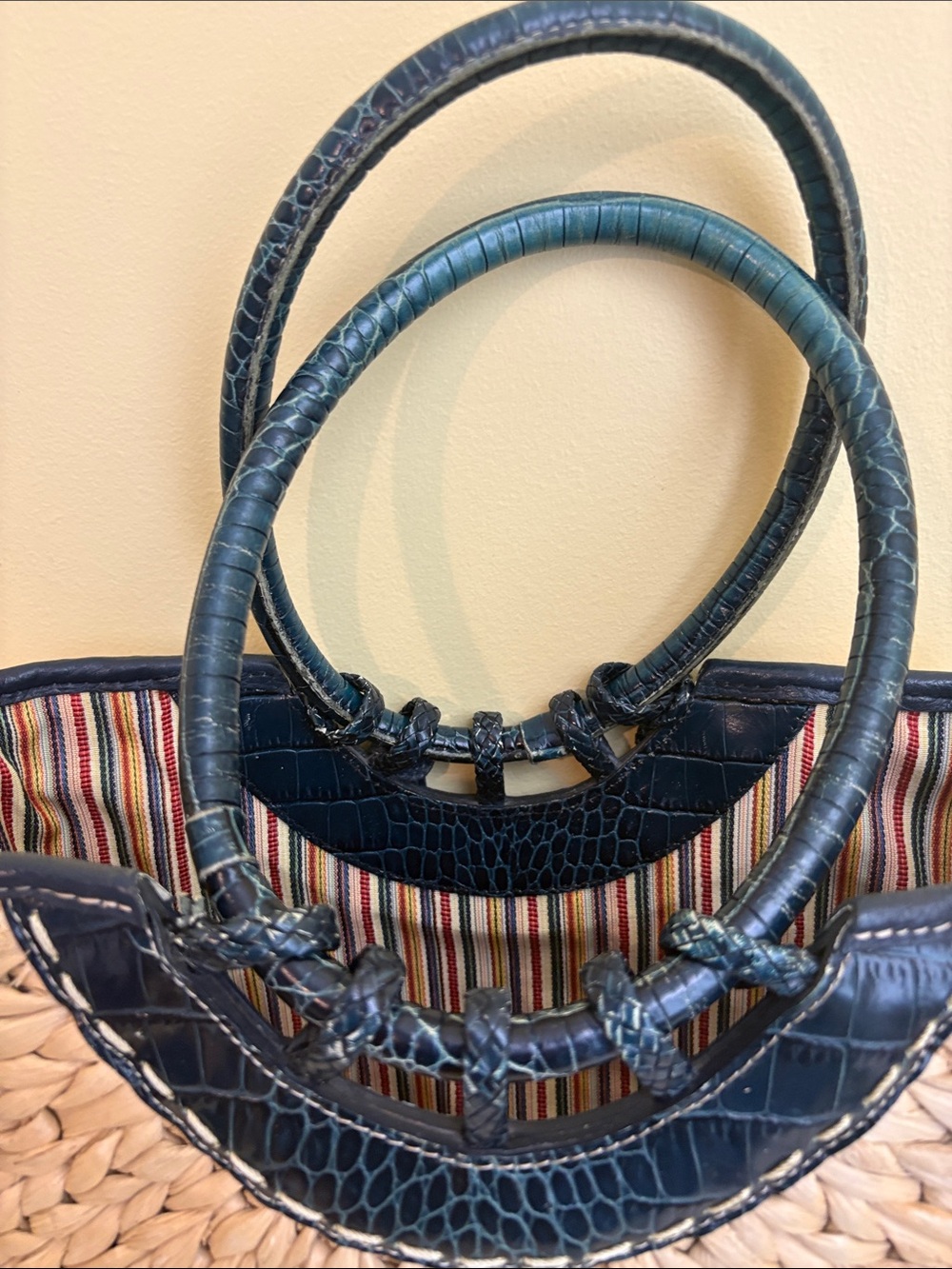 Brighton | Woven Straw Structured Dark Green Croc-Texture Top Handles Tote Bag - Picture 16 of 17